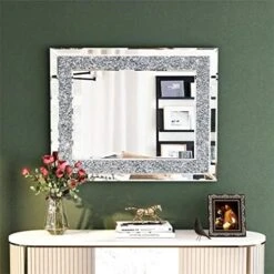 SHYFOY Crystal Mirrors For Wall Decor 35.4"X23.6" Decorative Wall Mirror Rectangle Silver Sparkly Crush Diamond Hanging Wall-Mounted Mirror For Living Room Stunning Home Décor Modern Glass Art -Safavieh Furniture 51YyCB8fDCL. AC
