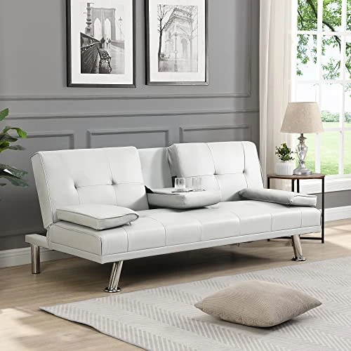 Anwick Modern Leather Futon Sofa Bed,Convertible Folding Couch Recliner Sleeper Loveseat For Small Space,Apartment,Office,Dorm,with Cup Holders And Removable Armrest (White) 1 Anwick Modern Leather Futon Sofa Bed,Convertible Folding Couch Recliner Sleeper Loveseat For Small Space,Apartment,Office,Dorm,with Cup Holders And Removable Armrest (White)