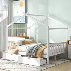 House Bed With Trundle, Twin House Bed For Kids, Wooden Platform Bed Frame With Headboard And Roof, For Girls Boys (Twin Size, White) 21 House Bed With Trundle, Twin House Bed For Kids, Wooden Platform Bed Frame With Headboard And Roof, For Girls Boys (Twin Size, White) -Safavieh Furniture 51ZGCXpT4cL. AC 1