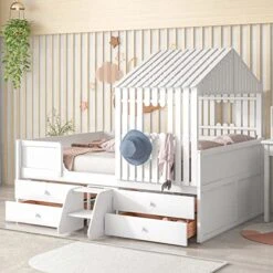 OTRIEK Full Size Low Loft Bed With 4 Drawers Frame With Safety Guardrail & Window Design, Solid Wood Design, Easy Assembly, No Box Spring Need, For Boys/Girls/Teens (White)