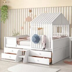OTRIEK Full Size Low Loft Bed With 4 Drawers Frame With Safety Guardrail & Window Design, Solid Wood Design, Easy Assembly, No Box Spring Need, For Boys/Girls/Teens (White) -Safavieh Furniture 51ZLXlyQ1lL. AC