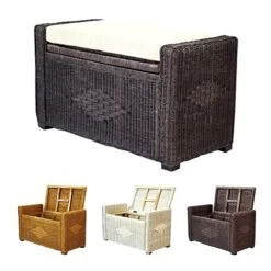 Bruno Handmade 32 Inch Rattan Wicker Chest Storage Trunk Organizer Ottoman W/Cushion Dark Brown