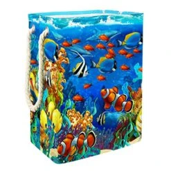Under Water Fishes In Ocen Sea Tropical 19.3" Large Sized Waterproof Foldable Laundry Hamper Bucket With Handles For Storage Bin,Kids Room,Home Organizer,Nursery Storage,Baby Hamper