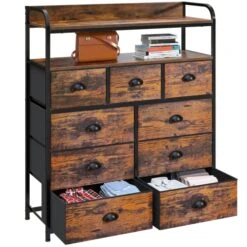 Enhomee Dresser For Bedroom, Chest Of Drawers For Bedroom,Tall Dresser With 9 Drawer Dresser,Fabric Dresser For Closet With Wood Top For Nursery,Living Room,Entryway,2 Shelves,Metal Frame,Rustic Brown