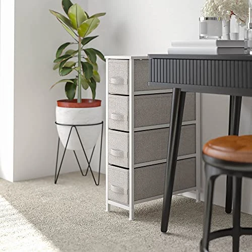 Flash Furniture Harris 4 Drawer Slim Wood Top White Cast Iron Frame Dresser Storage Tower With Light Gray Easy Pull Fabric Drawers 2 Flash Furniture Harris 4 Drawer Slim Wood Top White Cast Iron Frame Dresser Storage Tower With Light Gray Easy Pull Fabric Drawers - Image 2