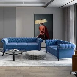 MIYZEAL 2 Pieces Living Room Sectional Sofa Set, Modern Velvet Button Tufted Chesterfield Sofa With Rolled Arm, Classic Upholstered Low Back Loveseat 3 Seater Couch For Living Room (Gray) -Safavieh Furniture 51ZvPGkG9zL. AC