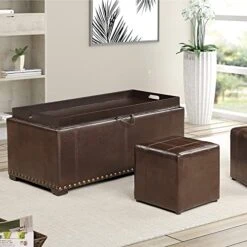 AC Pacific Leather 2 Side Ottomans Storage Bench With, Brown