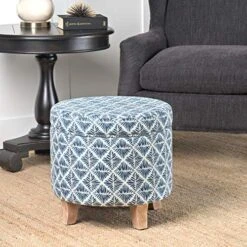 Homepop Home Decor | Upholstered Round Storage Ottoman | Ottoman With Storage For Living Room & Bedroom With Flared Legs, Navy Blue Geometric Pattern 11 Homepop Home Decor | Upholstered Round Storage Ottoman | Ottoman With Storage For Living Room & Bedroom With Flared Legs, Navy Blue Geometric Pattern -Safavieh Furniture 51aELVzGjqL