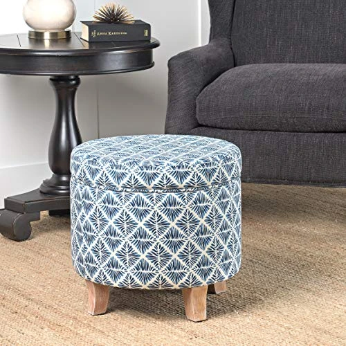 Homepop Home Decor | Upholstered Round Storage Ottoman | Ottoman With Storage For Living Room & Bedroom With Flared Legs, Navy Blue Geometric Pattern 4 Homepop Home Decor | Upholstered Round Storage Ottoman | Ottoman With Storage For Living Room & Bedroom With Flared Legs, Navy Blue Geometric Pattern - Image 4