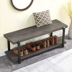 EXCEFUR Shoe Bench, Industrial Entryway Bench With Storage, Rustic Wood And Metal Shoe Rack Bench Seat, Grey