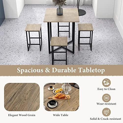 Giantex 5 Piece Dining Table Set, Industrial Kitchen Table Set W/ 4 Stools, Square Space-Saving Bar Table Set For Small Spaces, Apartment, Counter Height Table Sets W/Metal Frame (Natural & Black) 3 Giantex 5 Piece Dining Table Set, Industrial Kitchen Table Set W/ 4 Stools, Square Space-Saving Bar Table Set For Small Spaces, Apartment, Counter Height Table Sets W/Metal Frame (Natural & Black) - Image 3