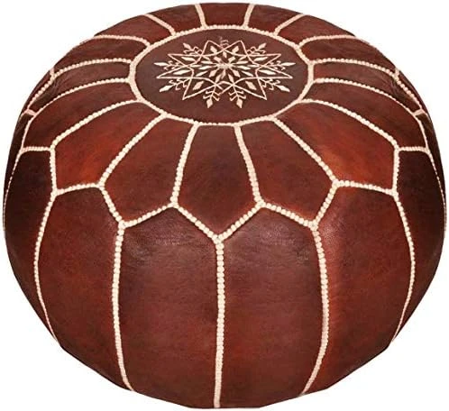 GRAN Handmade Leather Moroccan Pouf Footstool Ottoman | Brown Genuine Leather With Hand Embroidered White Stitching | Unstuffed 5 GRAN Handmade Leather Moroccan Pouf Footstool Ottoman | Brown Genuine Leather With Hand Embroidered White Stitching | Unstuffed - Image 5