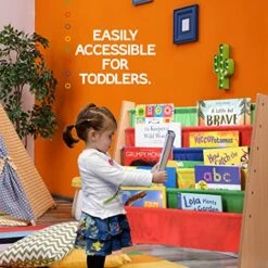 Sagler Toddler Book Shelf Organizer - Wooden Kids Book Case Storage & Magazine Rack With 5 Multicolored Nylon Fabric Shelves - Easy-to-Reach Kids Bookshelf For Nursery, Bedroom, Playroom, Classroom -Safavieh Furniture 51aUuX15CcL