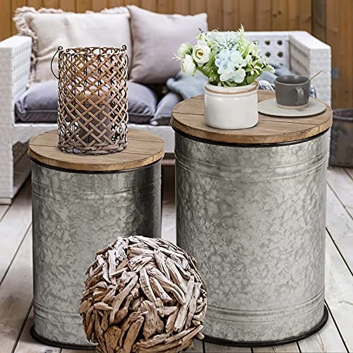 Oneinmil Rustic Storage Bins Farmhouse End Table Farmhouse Furniture Galvanized Metal Stool Ottoman Seat With Round Wood Lid Set Of 2 4 Oneinmil Rustic Storage Bins Farmhouse End Table Farmhouse Furniture Galvanized Metal Stool Ottoman Seat With Round Wood Lid Set Of 2 - Image 4