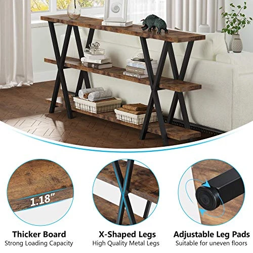 Tribesigns Sofa Table, 70.9 Inch 3 Tier Extra Long Console Table With Storage Shelves For Entryway Living Room, Rustic Brown Black 2 Tribesigns Sofa Table, 70.9 Inch 3 Tier Extra Long Console Table With Storage Shelves For Entryway Living Room, Rustic Brown Black - Image 2