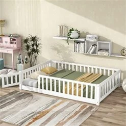 I-POOK Full Size Floor Bed For Children, Solid Wood Montessori Bed Frame With Fence & Door Montessori Floor Bed With Safety Guardrails For Girls And Boys, White (with Bed Slats)