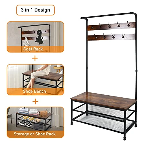 ECOMEX Entryway Coat Rack With Shoe Storage,Hall Tree With Bench And Shoe Storage,3-Tier Storage Shelf And 9 Hooks,37.8 * 14.4 * 73.5 Inches,3-in-1 Hall Tree Shoe Rack For Entryway (Rustic Brown) 3 ECOMEX Entryway Coat Rack With Shoe Storage,Hall Tree With Bench And Shoe Storage,3-Tier Storage Shelf And 9 Hooks,37.8 * 14.4 * 73.5 Inches,3-in-1 Hall Tree Shoe Rack For Entryway (Rustic Brown) - Image 3