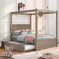 3-Piece Bedroom Set, Solid Wood Bedroom Set, Full Size Canopy Platform Bed With Trundle Bed And 2 Nightstands, Light Brown 18 3-Piece Bedroom Set, Solid Wood Bedroom Set, Full Size Canopy Platform Bed With Trundle Bed And 2 Nightstands, Light Brown -Safavieh Furniture 51bCHiq3CL. AC