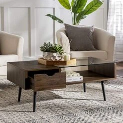 Walker Edison Montclair Mid Century Modern Two Toned 1 Drawer Coffee Table, 42 Inch, Glass And Dark Walnut & Theo Mid Century Modern 2 Door Asymmetrical Glass Shelf Buffet, 44 Inch, Dark Walnut -Safavieh Furniture 51bGOzIiq3L