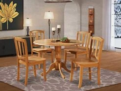 East West Furniture DLIN5-OAK-W 5-Piece Round Kitchen Table And 4 Dinette Chairs Set, Oak Finish