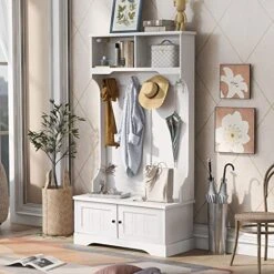 Gosuna Hall Tree Storage Bench 3-in-1 Entryway Coat Rack With 4 Double Hooks Wood Entryway Bench With Storage (White) -Safavieh Furniture 51bORHyEsrL