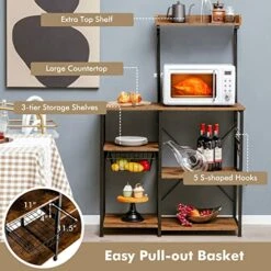 Giantex Kitchen Baker’s Rack, 4-Tier Microwave Storage Stand, Utility Storage, Wire Basket With 5 Hooks, Spice Utensils For Organizing Work Station Shelf 35.5” Length, Charcoal Brown&Black -Safavieh Furniture 51bPEBvnp4L