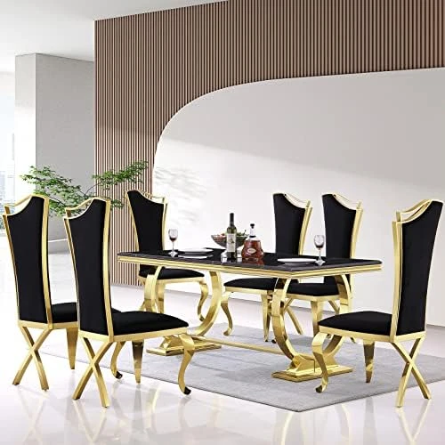 ACEDÉCOR 7 Piece Dining Table Set, Gold Kitchen And Dining Room Sets For 6, Metal Circling Base Dining Table In White Gold, White Leather Upholstered Dining Chairs With Gold Stainless Steel Legs 11 ACEDÉCOR 7 Piece Dining Table Set, Gold Kitchen And Dining Room Sets For 6, Metal Circling Base Dining Table In White Gold, White Leather Upholstered Dining Chairs With Gold Stainless Steel Legs - Image 11