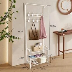 Bigzzia Coat Rack, 3 In 1 Metal Hall Tree With 8 Removable Hooks Handy Clothes Rail, Coat Rack FreeStanding With Shoe Storage Bench For Entryway Living Room Bedroom, White -Safavieh Furniture 51bPzDBTvWL