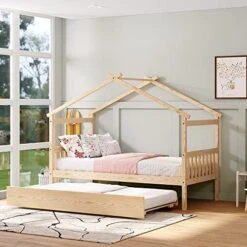 BIADNBZ Full Size House Bed With Twin Trundle And Headboards, Solid Wood Low Platform Bedframe With Roof For Kids,Teens,Girls,Boys,Natural -Safavieh Furniture 51bb4zeEvEL. AC