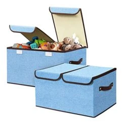 Feestars Kids Toy Box For Boys And Girls, Collapsible Toy Box Storage With Lid & Handles, Fabric Toy Organizers And Storage Bins/Chest/Chunk For Baby Toddler Nursery Playroom Bedroom-Blue