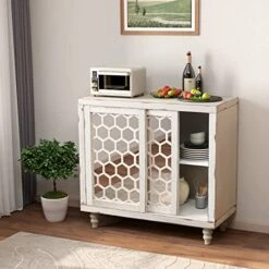 COSIEST Sideboard Buffet Cabinet, MDF Storage Cabinet With Mirrored Doors And Adjustable Shelf, Kitchen Cupboard Console Table With Sliding Doors For Dining Room, Hallway, Living Room, White -Safavieh Furniture 51blger51NL