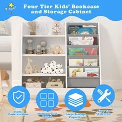 White 4 Tier Kids Wooden Bookshelf, Five Layer Sling Bookcase, Kids Storage Book Rack, Book And Toy Organizer Cabinet, Book Display, For Playroom, Bedroom, Study Living Room, Nursery,Classroom -Safavieh Furniture 51bmunR2l8L