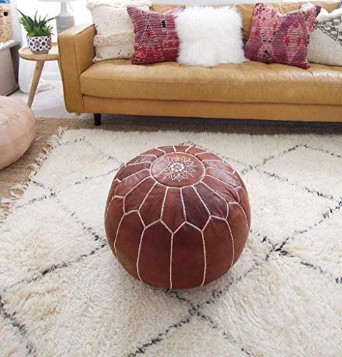 GRAN Handmade Leather Moroccan Pouf Footstool Ottoman | Brown Genuine Leather With Hand Embroidered White Stitching | Unstuffed 2 GRAN Handmade Leather Moroccan Pouf Footstool Ottoman | Brown Genuine Leather With Hand Embroidered White Stitching | Unstuffed - Image 2