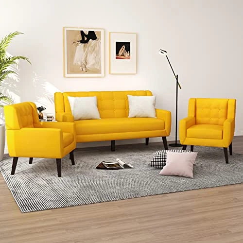 UIXE 3 Piece Indoor Comfy Sectional Sofa With Accent Chairs For Living Room, Linen Fabric Couch Modern Bedroom Loveseat 2-Seat Armchair For Home Apartment Small Space (Yellow) 1 UIXE 3 Piece Indoor Comfy Sectional Sofa With Accent Chairs For Living Room, Linen Fabric Couch Modern Bedroom Loveseat 2-Seat Armchair For Home Apartment Small Space (Yellow)