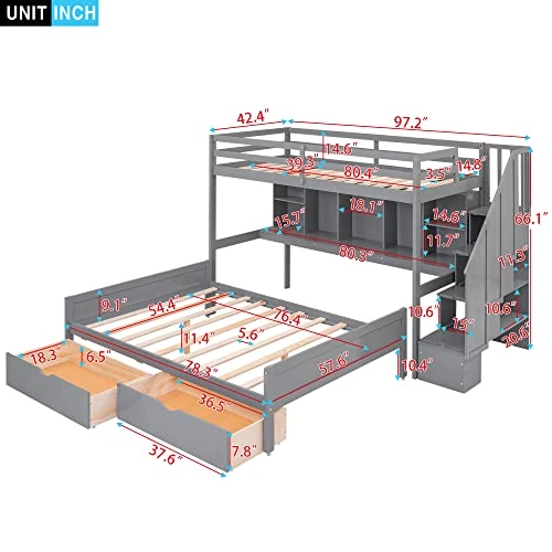 Harper & Bright Designs Twin XL Over Full Bunk Bed Frame With Built-in Storage Shelves For Kids Boys Girls, Drawers And Staircase,Gray 2 Harper & Bright Designs Twin XL Over Full Bunk Bed Frame With Built-in Storage Shelves For Kids Boys Girls, Drawers And Staircase,Gray - Image 2