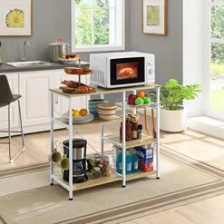 Mr IRONSTONE Bakers Rack, 35.5" Coffee Bar, 10 Hooks Microwave Stand With Wire Basket, 3-Tier Kitchen Storage Shelf, Kitchen Stand For Spice Rack Organizer Workstation, White Oak -Safavieh Furniture 51cKHXWRwBL