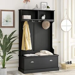 Entryway Bench With Coat Rack And Shoe Storage, Entry Bench With Storage And Coat Hooks, Hall Tree With Shoe Storage, Entryway Storage Bench With Coat Rack,Black Halltree Entryway With Storage Bench -Safavieh Furniture 51cMGB6S1nS