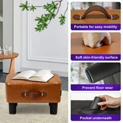 H&B Luxuries Footstool Small Ottoman, PU Leather Small Ottoman Foot Rest，16.14" Extended Rectangular Footstool With Carry，Ottoman For Living Room, Bedroom, Couch,Patio，Cloakroom (Light Brown) -Safavieh Furniture 51cZujlG9LL