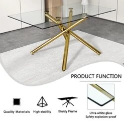 63 Inch Glass Dining Table With Clear Rectangular Glass Top, 4 Chrome Golden Legs Modern Rectangular Glass Kitchen Table Furniture For Home Office Kitchen Dining Room, 4-6 People -Safavieh Furniture 51ch8MTr6SL