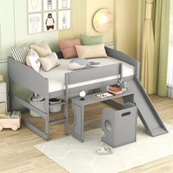 JINS&VICO Twin Size Loft Bed With Rolling Portable Desk And Chair, Low Loft Bed With Slide And Ladder, Wooden Bed Frame With Full-Length Guardrail For Boys Girls Teens, No Box Spring Required, White -Safavieh Furniture 51cpNC1XHCL. AC