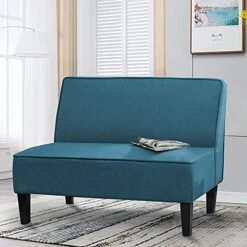 Yongqiang Small Loveseat Sofa For Living Room Bedroom Dining Room Fabric Settee Mini Couch Upholstered Armless Banquette Bench Blue