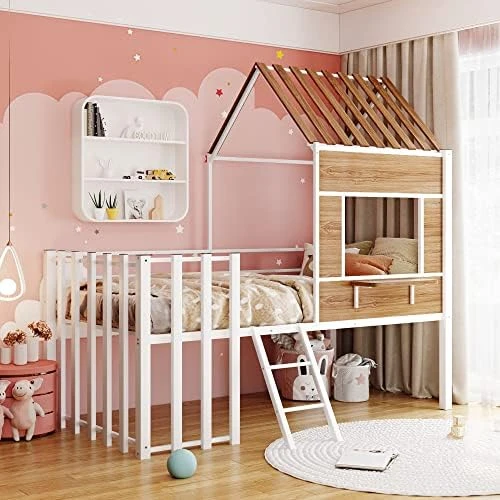 MERITLINE House Bed Twin Kids Bed Metal Frame, Low Loft Bed Twin Platform Bed With Roof, No Box Spring Needed, For Girls Boys - Black 5 MERITLINE House Bed Twin Kids Bed Metal Frame, Low Loft Bed Twin Platform Bed With Roof, No Box Spring Needed, For Girls Boys - Black - Image 5