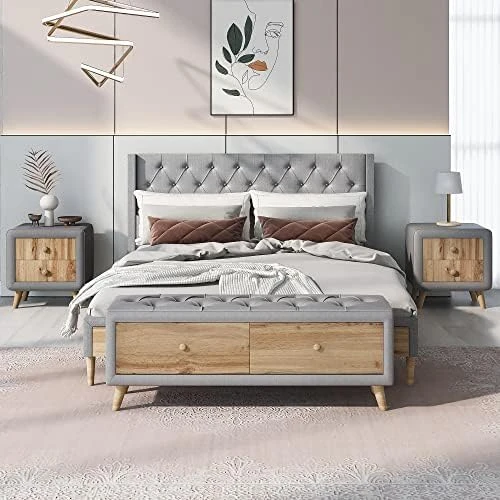 Queen Bedroom Set 4-Pieces, Wooden Bedroom Furniture Sets With Queen Size Upholstered Platform Bed,2 Nightstands And 1 Storage Bench For Kids Teens Adults Bedroom, Green 7 Queen Bedroom Set 4-Pieces, Wooden Bedroom Furniture Sets With Queen Size Upholstered Platform Bed,2 Nightstands And 1 Storage Bench For Kids Teens Adults Bedroom, Green - Image 7