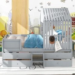 OTRIEK Full Size Low Loft Bed With 4 Drawers Frame With Safety Guardrail & Window Design, Solid Wood Design, Easy Assembly, No Box Spring Need, For Boys/Girls/Teens (White) -Safavieh Furniture 51d4VCQ3MZL. AC