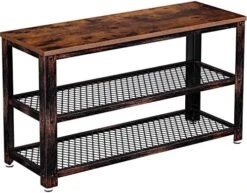 Rolanstar Shoe Bench, 3-Tier Shoe Rack, 39.4” Storage Entry Bench With Mesh Shelves Wood Seat, Rustic Foyer Bench For Hallway Front Door, Doorway, Living Room, Mudroom, Steel Frame, Rustic Brown -Safavieh Furniture 51d4nLin5yL. AC