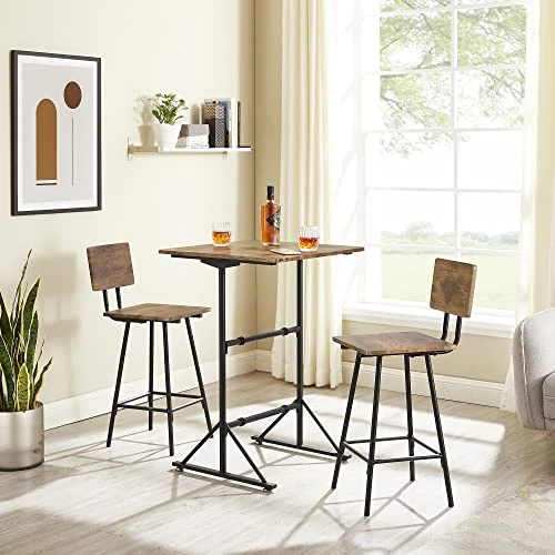 VECELO Dining Table Set For 2, Wooden Square Counter Height Dinette With 2 Bar Stools, For Kitchen Breakfast Nook, Living Room, Small Space, Rustic Brown 2 VECELO Dining Table Set For 2, Wooden Square Counter Height Dinette With 2 Bar Stools, For Kitchen Breakfast Nook, Living Room, Small Space, Rustic Brown - Image 2