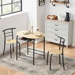 VECELO 3-Piece Bar Table Set, Round Tabletop & Chair For Kitchen Dining Room Breakfast, Built-in Wine Rack, Space Saving[X-Large], 33.46" Length X 23.6" Width, Black And Natural -Safavieh Furniture 51d9A9gHZZL