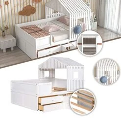 OTRIEK Full Size Low Loft Bed With 4 Drawers Frame With Safety Guardrail & Window Design, Solid Wood Design, Easy Assembly, No Box Spring Need, For Boys/Girls/Teens (White) -Safavieh Furniture 51d9yN77r6L