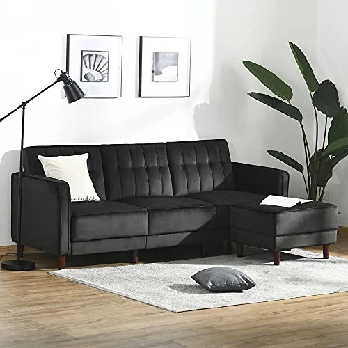 HOMCOM Upholstered L-Shaped Sofa Bed, Reversible Sectional Recliner Sofa Set, Velvet-Touch Sleeper Futon With Footstool, Black 2 HOMCOM Upholstered L-Shaped Sofa Bed, Reversible Sectional Recliner Sofa Set, Velvet-Touch Sleeper Futon With Footstool, Black - Image 2