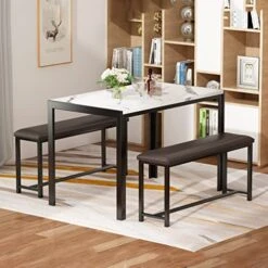AWQM Dining Table Set 4, Metal Frame And Faux Marble Table Top, Modern 3 Piece Kitchen Table Set With 2 PU Leather Upholstered Bench For Apartment, Space-Saving Furniture, White
